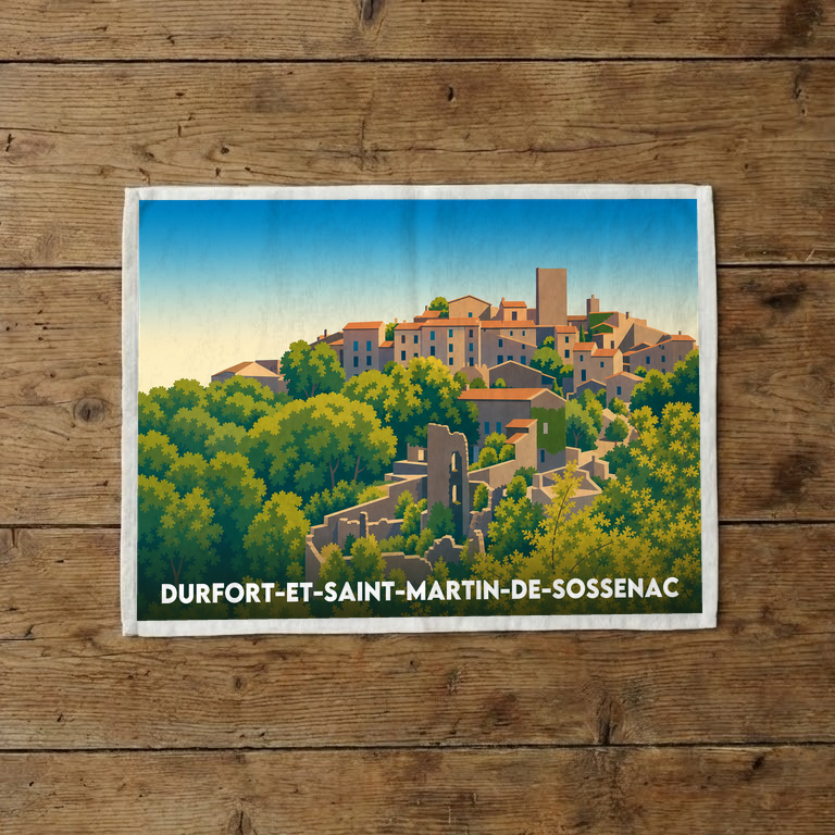 Torchon souvenir de la ville de Durfort-et-Saint-Martin-de-Sossenac avec une illustration stylisée.
