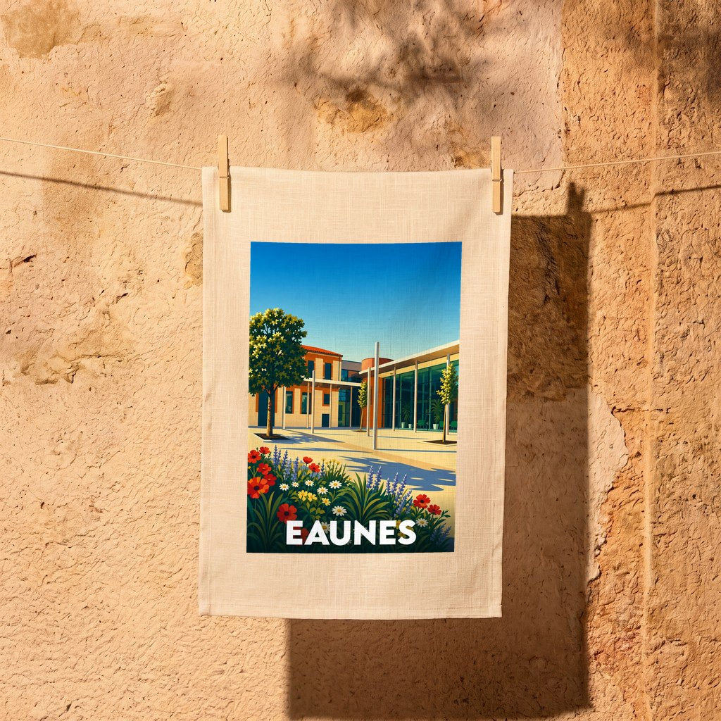 Torchon souvenir de la ville de Eaunes avec une illustration stylisée et colorée.