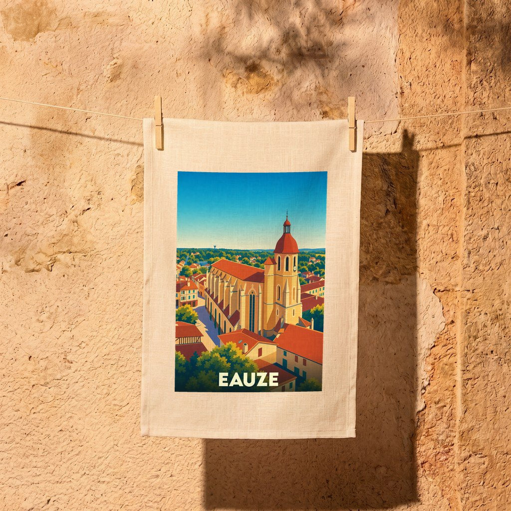 Torchon souvenir de la ville d'Eauze avec une illustration stylisée de sa cathédrale et de ses toits.