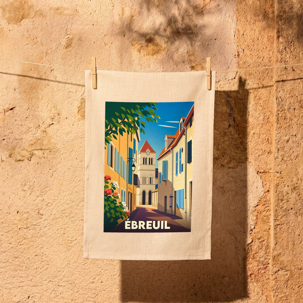 Torchon souvenir de la ville d'Ébreuil avec une illustration stylisée d'une ruelle ensoleillée menant au clocher.