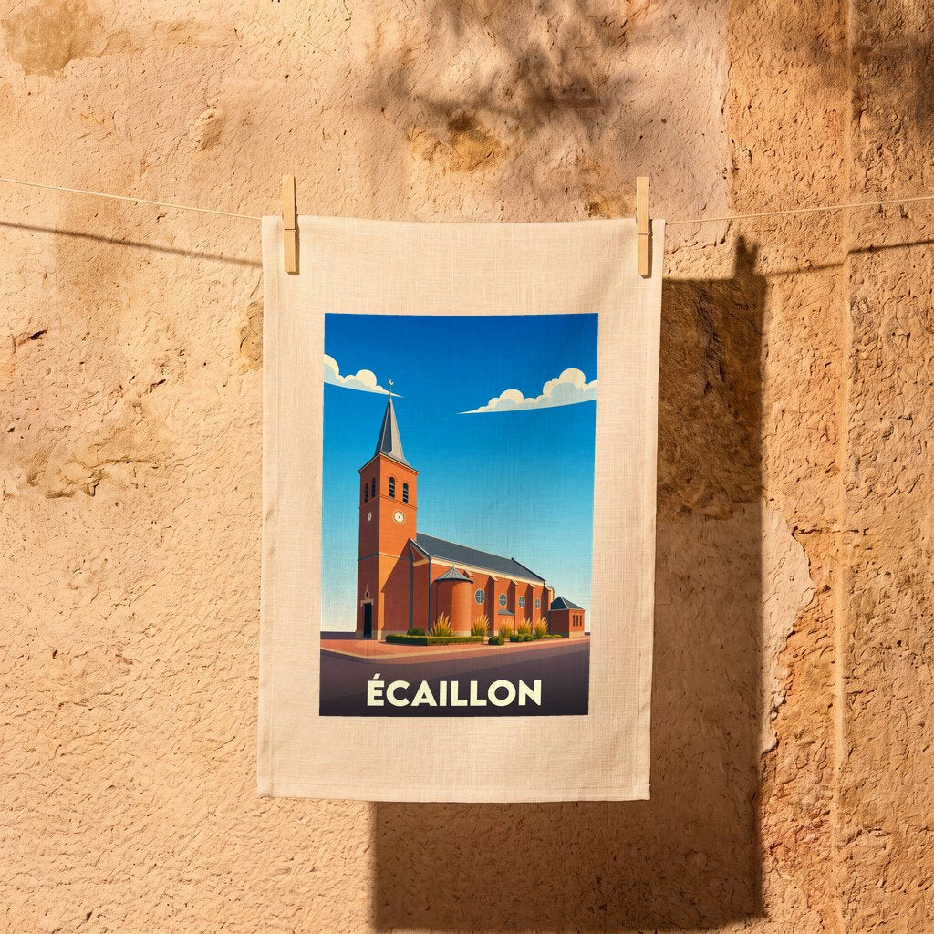 Torchon souvenir de la ville d'Écaillon orné d'une illustration stylisée de son église.