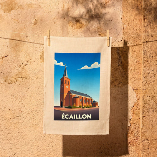 Torchon souvenir de la ville d'Écaillon orné d'une illustration stylisée de son église.