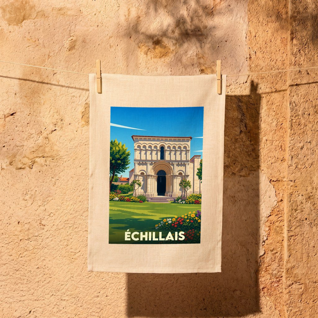 Torchon souvenir de la ville d'Échillais avec une illustration stylisée de son église romane.