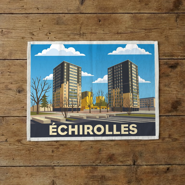 Torchon souvenir de la ville de Échirolles avec une illustration stylisée.