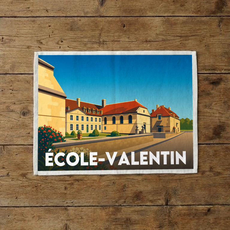 Torchon souvenir de la ville de École-Valentin avec une illustration stylisée.