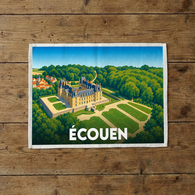 Torchon souvenir de la ville d'Écouen avec une illustration stylisée de son château et de son parc.