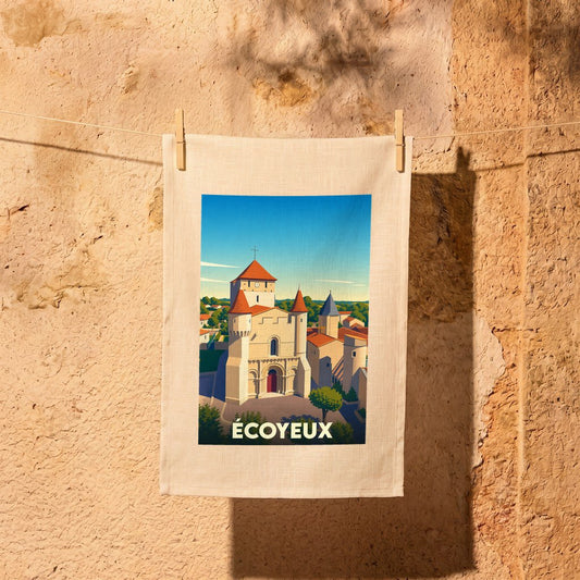 Torchon souvenir de la ville de Écoyeux avec une illustration stylisée de son église fortifiée.