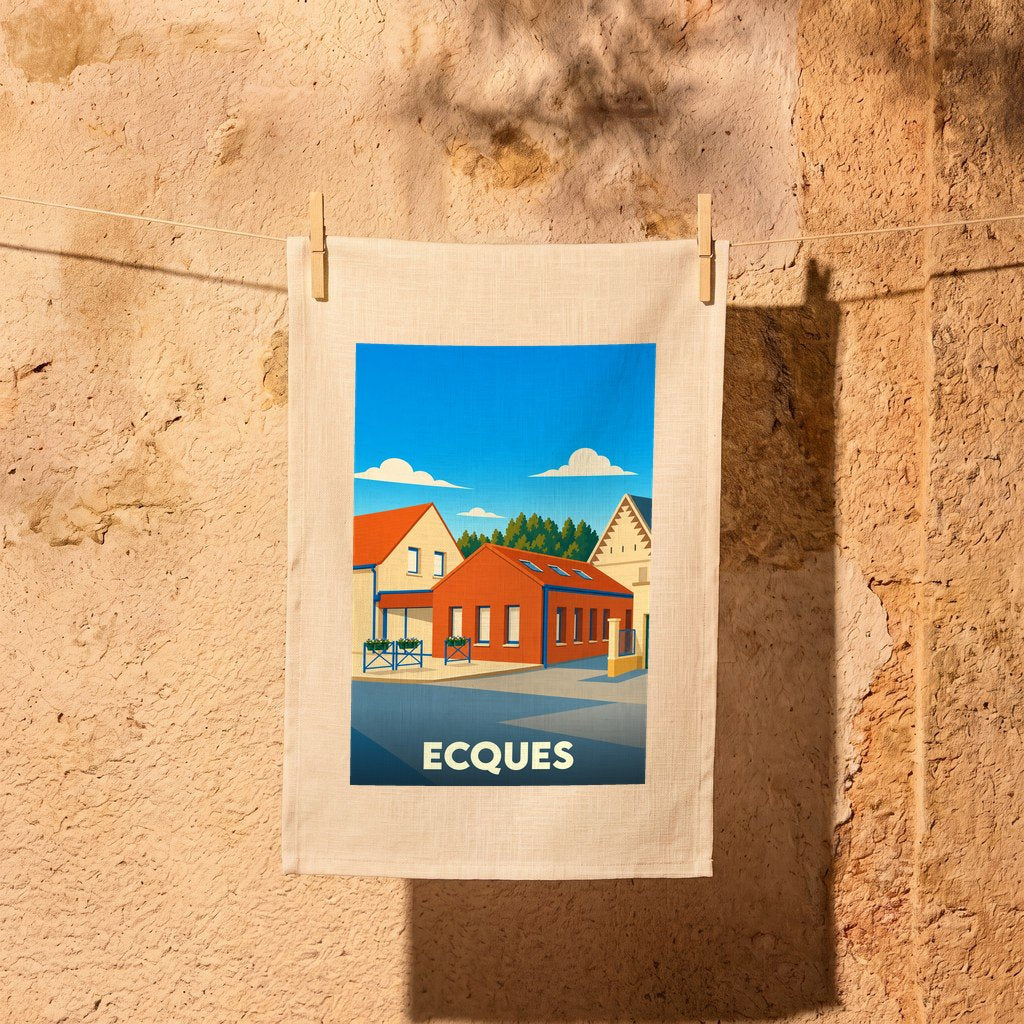 Torchon souvenir de la ville de Ecques avec une illustration stylisée et colorée.
