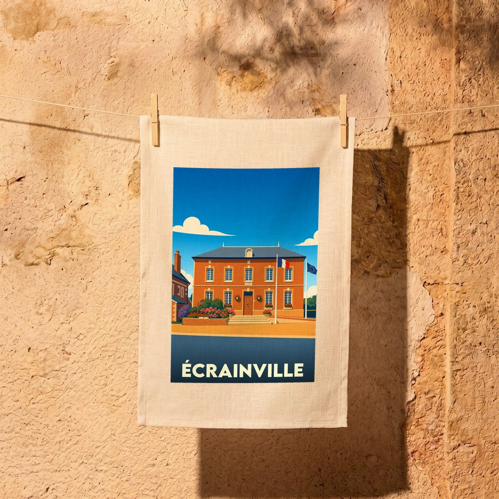 Torchon souvenir de la ville d'Écrainville avec une illustration stylisée de sa mairie.