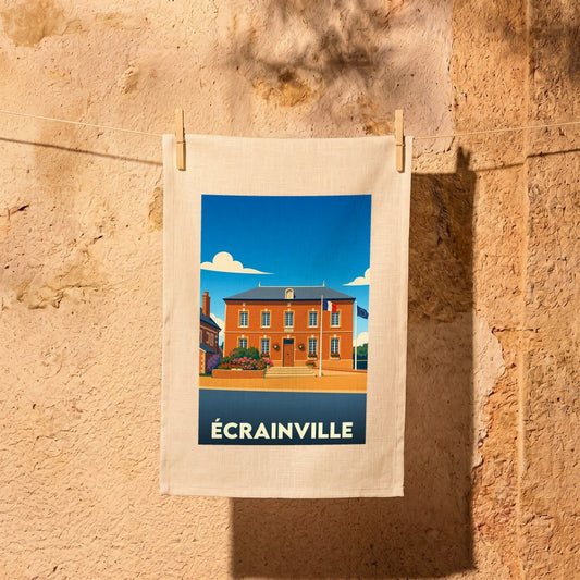 Torchon souvenir de la ville d'Écrainville avec une illustration stylisée de sa mairie.