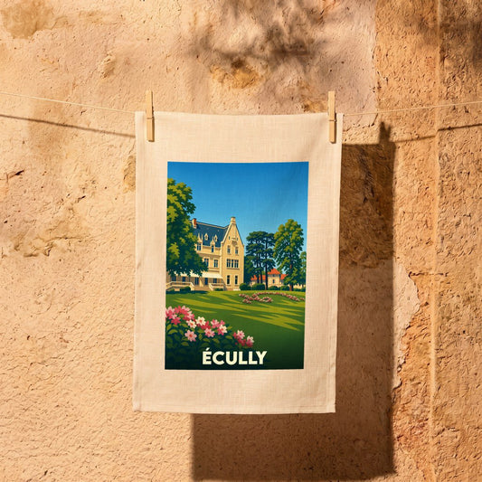 Torchon souvenir de la ville d'Écully avec une illustration stylisée d'un château entouré d'un parc.
