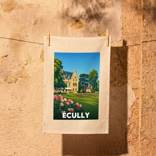Torchon souvenir de la ville d'Écully avec une inscription blanche sur fond noir.