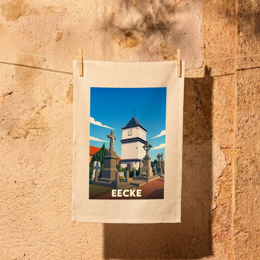 Torchon souvenir de la ville de Eecke illustrant son église et son cimetière dans un style graphique épuré.