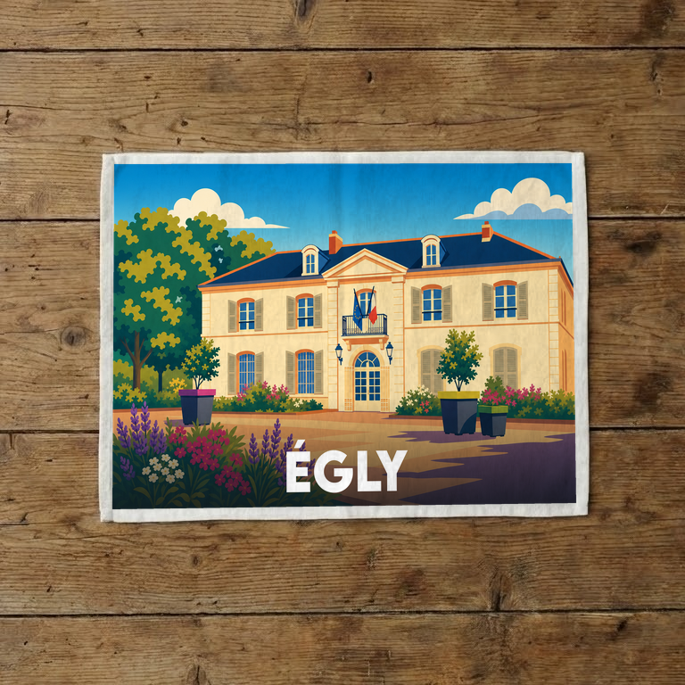 Torchon souvenir de la ville d'Égly avec une illustration stylisée de sa mairie fleurie.