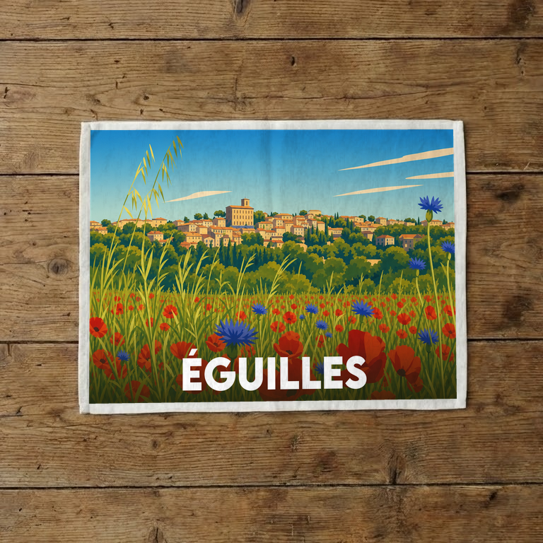 Torchon souvenir de la ville d'Éguilles illustrant un paysage provençal fleuri sous un ciel bleu.