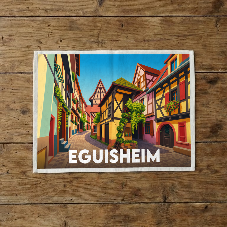 Torchon souvenir de la ville d'Eguisheim avec une illustration stylisée et colorée de ses maisons à colombages.
