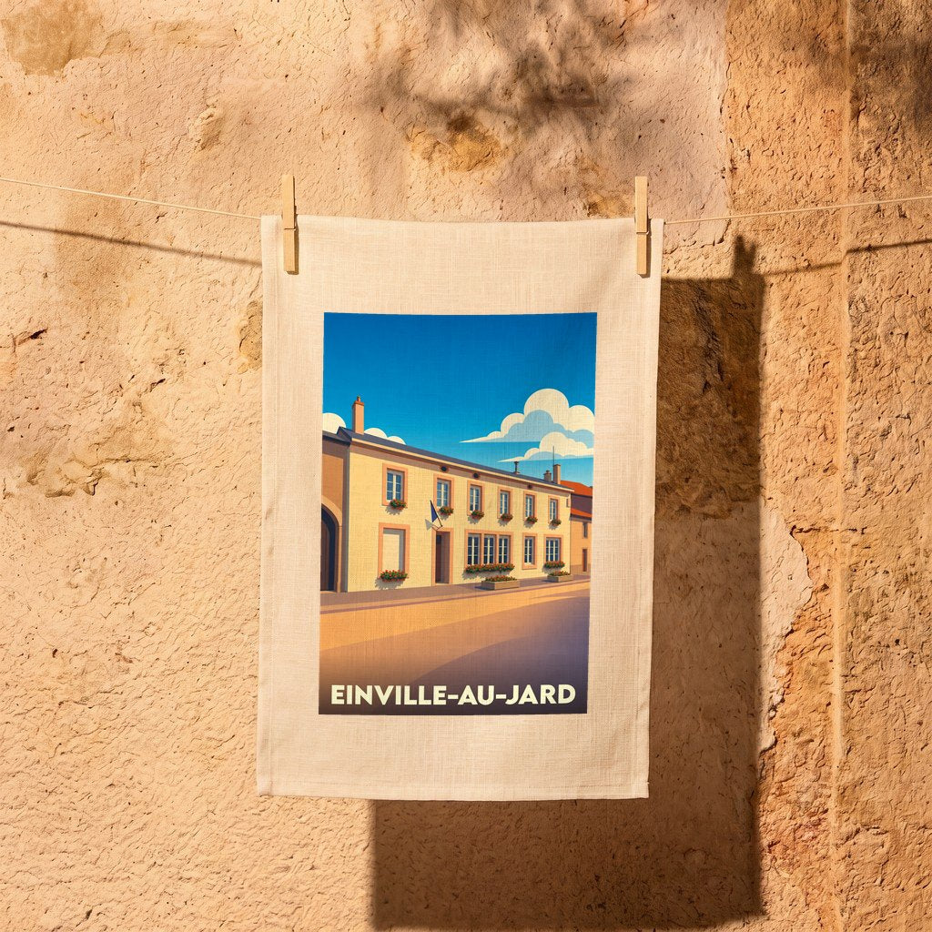 Torchon souvenir de la ville de Einville-au-Jard avec une illustration stylisée.