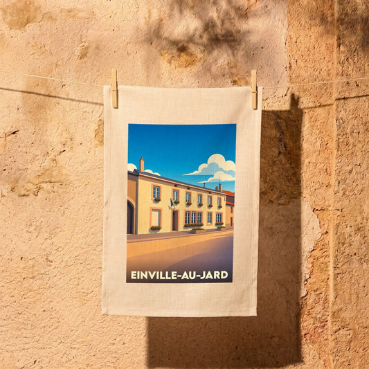 Torchon souvenir de la ville de Einville-au-Jard avec une illustration stylisée.