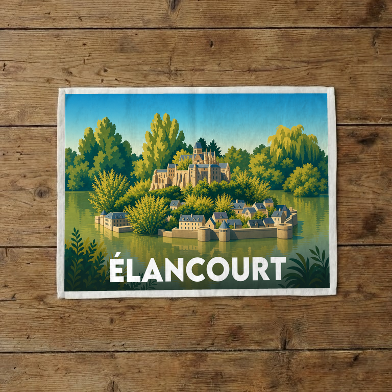 Torchon souvenir de la ville d'Élancourt illustré par un paysage médiéval stylisé au bord de l'eau.