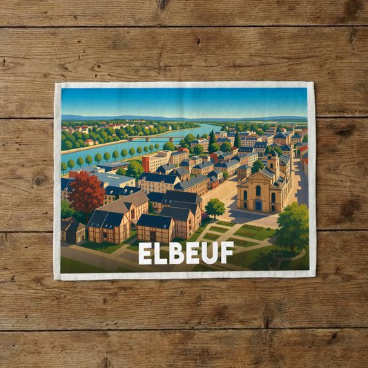 Torchon souvenir de la ville d'Elbeuf avec une illustration stylisée représentant une vue panoramique colorée.