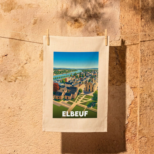 Torchon souvenir de la ville d'Elbeuf avec une illustration stylisée représentant une vue panoramique colorée.
