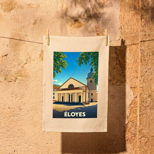Torchon souvenir de la ville d'Éloyes illustré d'un dessin stylisé de son église sous un ciel bleu.