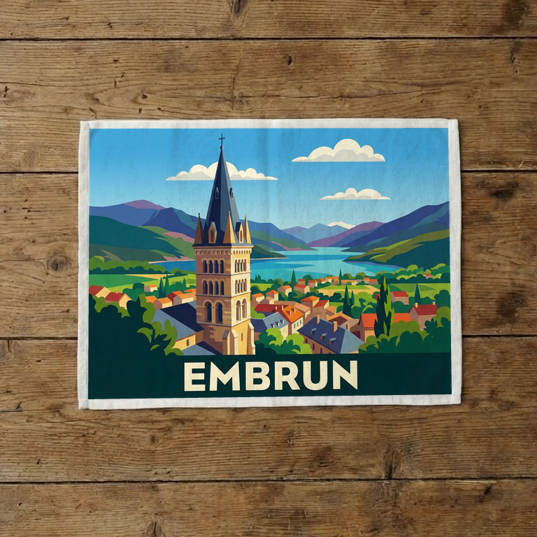 Torchon souvenir de la ville d'Embrun avec une illustration stylisée.