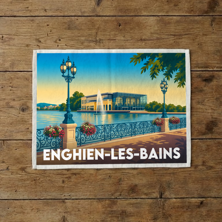 Torchon souvenir de la ville d'Enghien-les-Bains avec une illustration stylisée de son lac et de son casino.