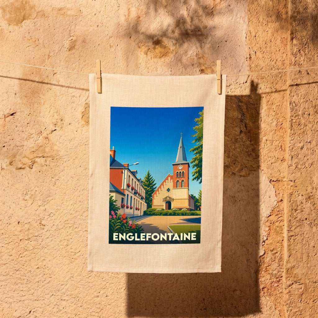 Torchon souvenir de la ville d'Englefontaine orné d'une illustration stylisée de son église et de ses bâtiments.