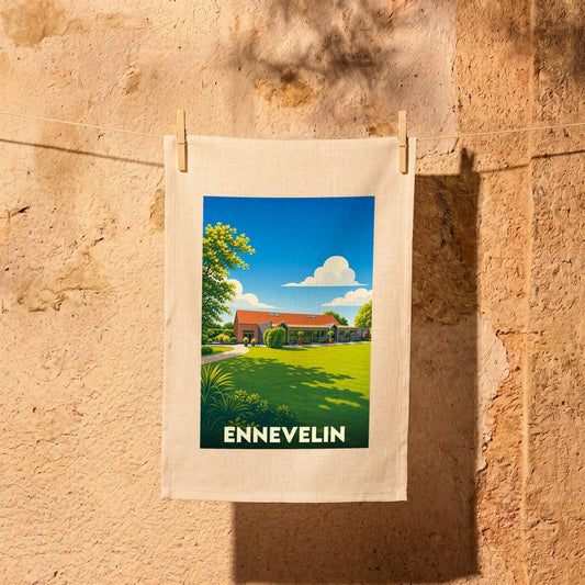 Torchon souvenir de la ville d'Ennevelin illustré d'un paysage champêtre ensoleillé au style vintage.