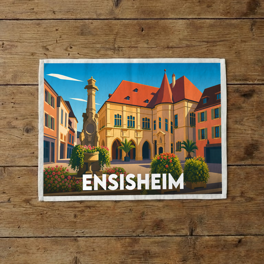 Torchon souvenir de la ville d'Ensisheim illustrant son hôtel de ville historique dans un style graphique coloré.