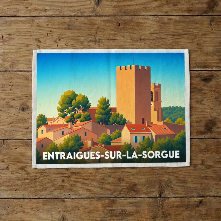 Torchon souvenir de la ville d'Entraigues-sur-la-Sorgue avec une illustration stylisée.