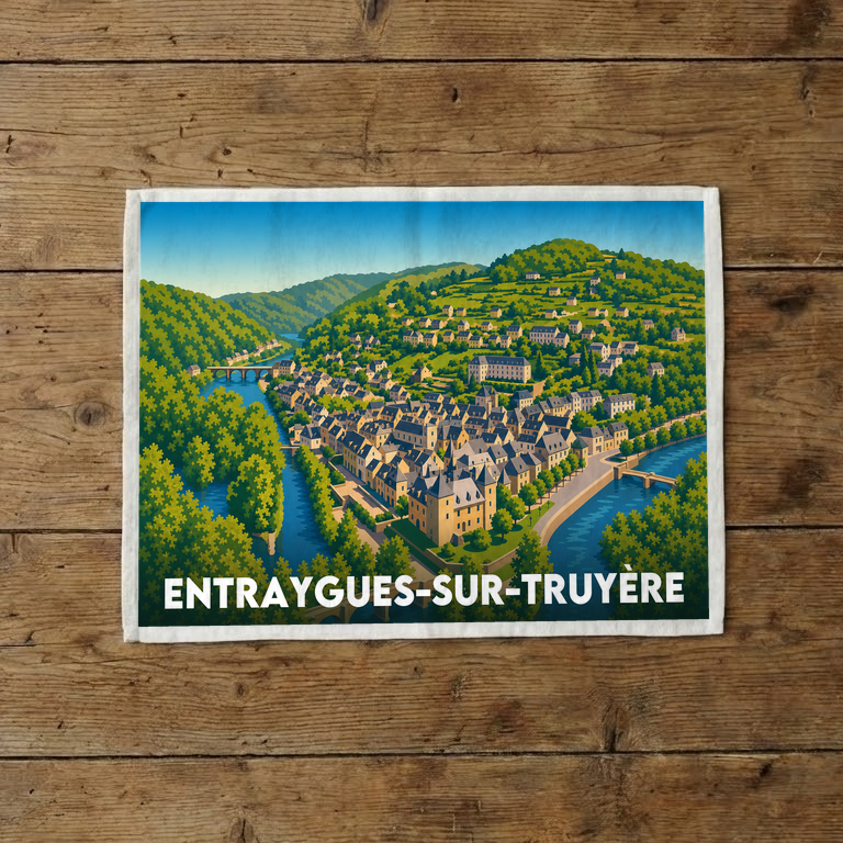 Torchon souvenir de la ville d’Entraygues-sur-Truyère avec une illustration stylisée et colorée du village bordé par l'eau.