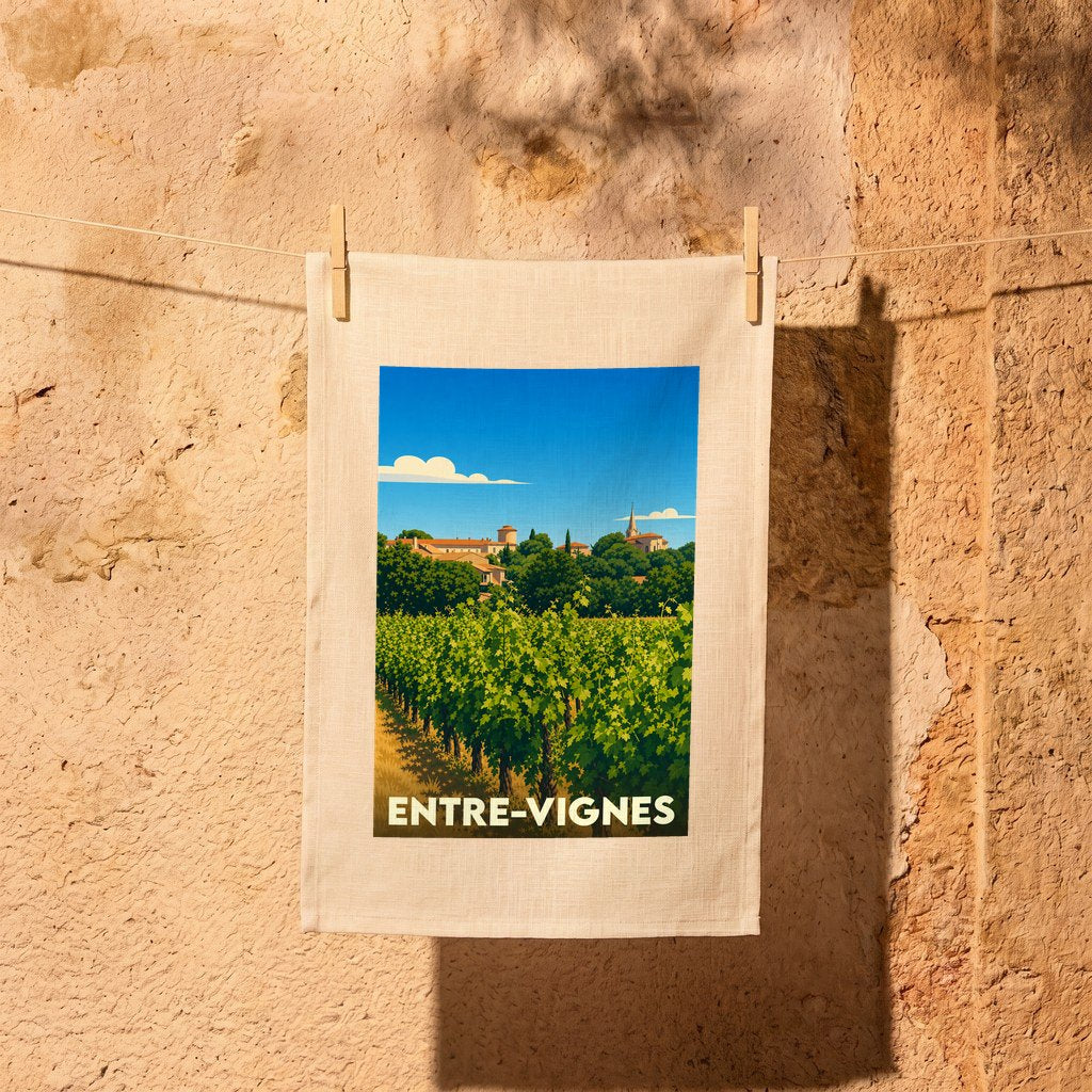 Torchon souvenir de la ville de Entre-Vignes avec une illustration stylisée de ses vignobles.