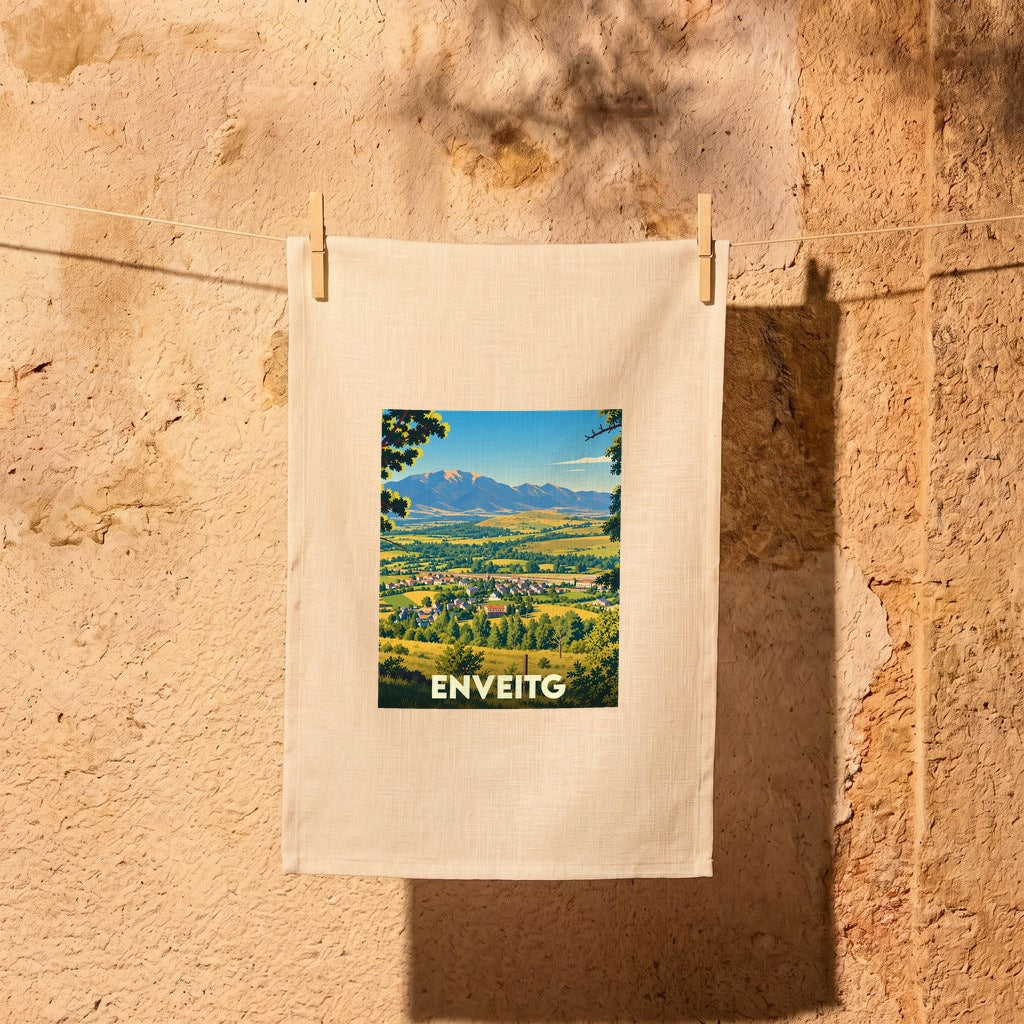 Torchon souvenir de la ville d'Enveitg orné d'une illustration paysagère stylisée.