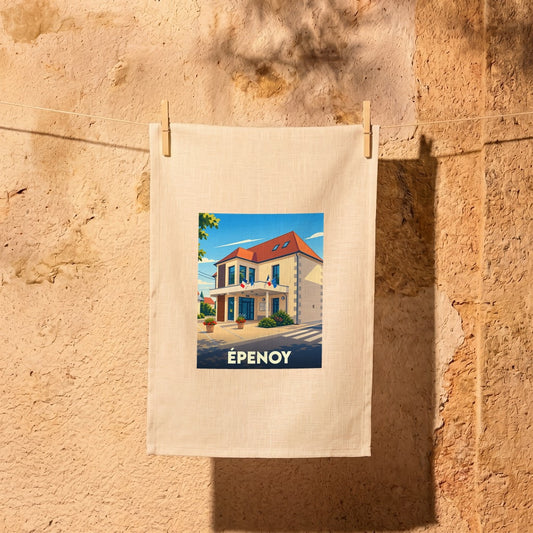 Torchon souvenir de la ville de Épenoy avec une illustration stylisée.