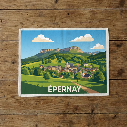 Torchon souvenir de la ville d'Épernay avec une illustration stylisée de son paysage.