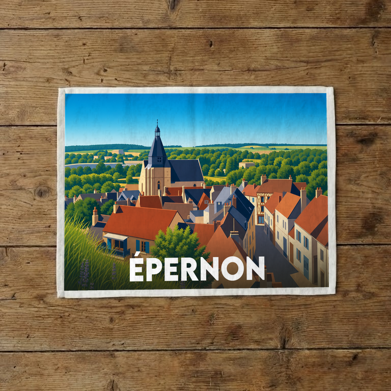 Torchon souvenir de la ville d'Épernon avec une illustration stylisée de son église et de ses toits.