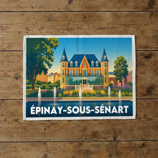 Torchon souvenir de la ville de Épinay-sous-Sénart avec une illustration stylisée d'un manoir et ses jardins.