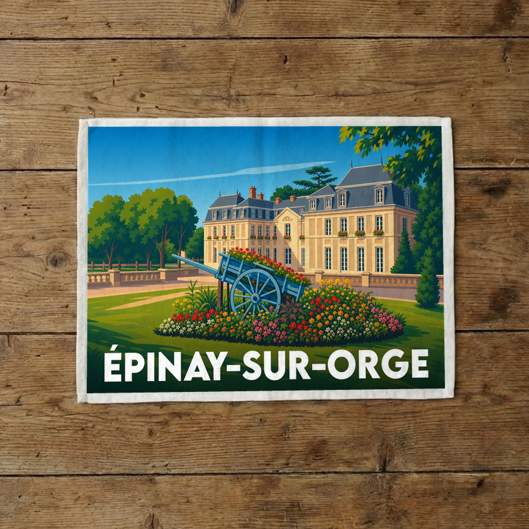 Torchon souvenir de la ville d'Épinay-sur-Orge avec une illustration stylisée d'un château et d'une charrette fleurie.