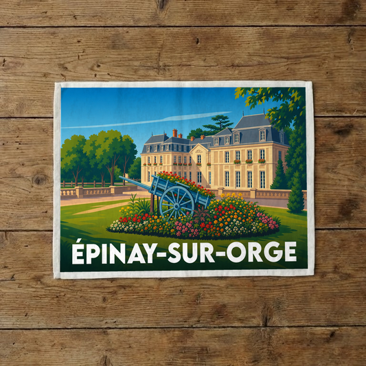 Torchon souvenir de la ville d'Épinay-sur-Orge avec une illustration stylisée d'un château et d'une charrette fleurie.