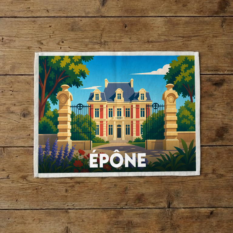 Torchon souvenir de la ville d'Épône illustrant un château derrière une grille majestueuse dans un style graphique épuré.