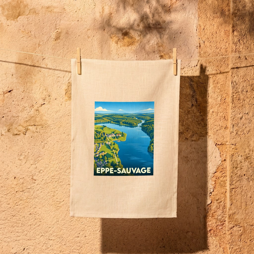 Torchon souvenir de la ville d'Eppe-Sauvage avec une illustration stylisée d'un paysage lacustre.