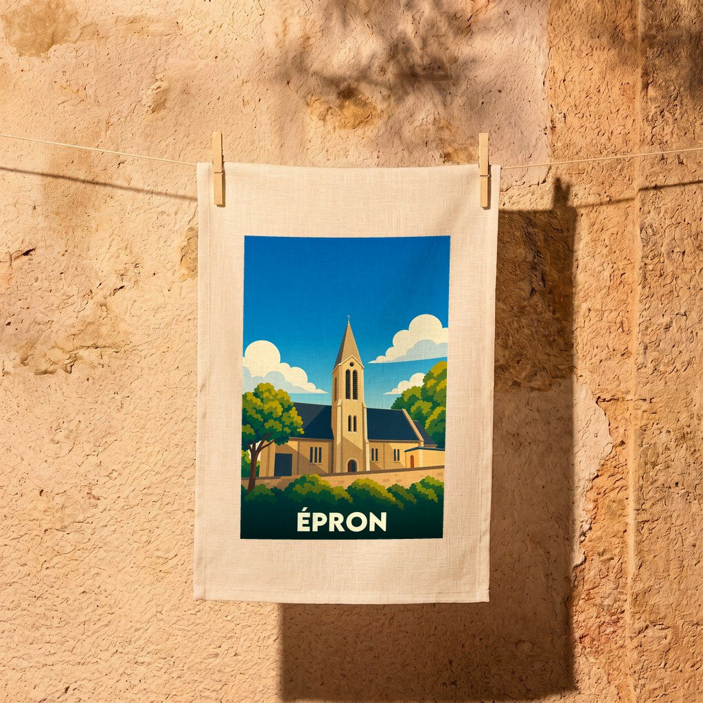 Torchon souvenir de la ville d'Épron avec une illustration stylisée de son église.