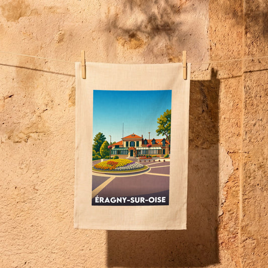 Torchon souvenir de la ville d'Éragny-sur-Oise avec une illustration stylisée.