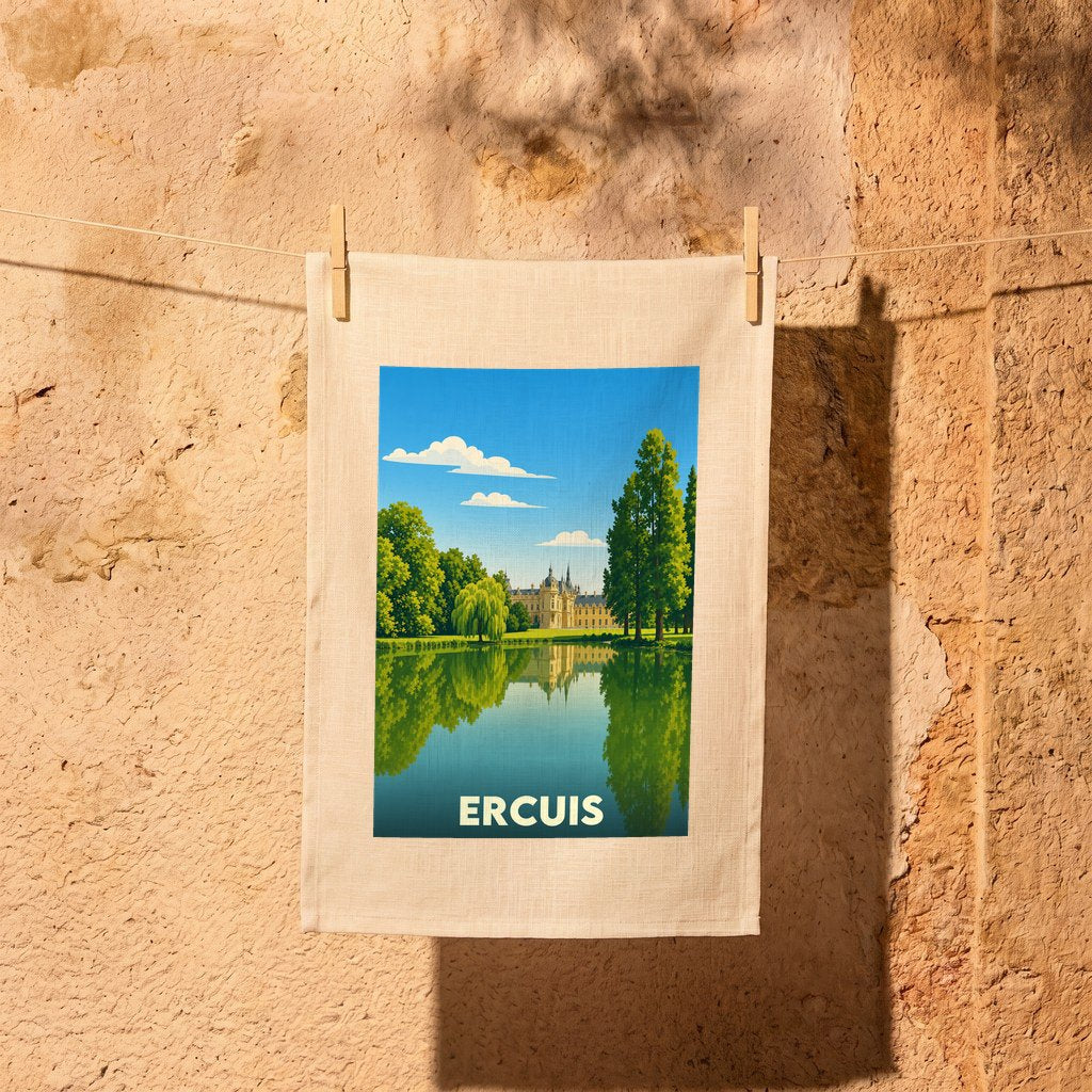 Torchon souvenir de la ville d'Ercuis illustré d'un château se reflétant dans un étang.