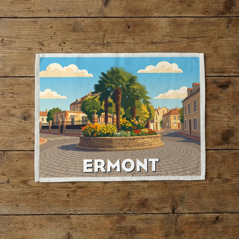Torchon souvenir de la ville d'Ermont avec une illustration stylisée et colorée.