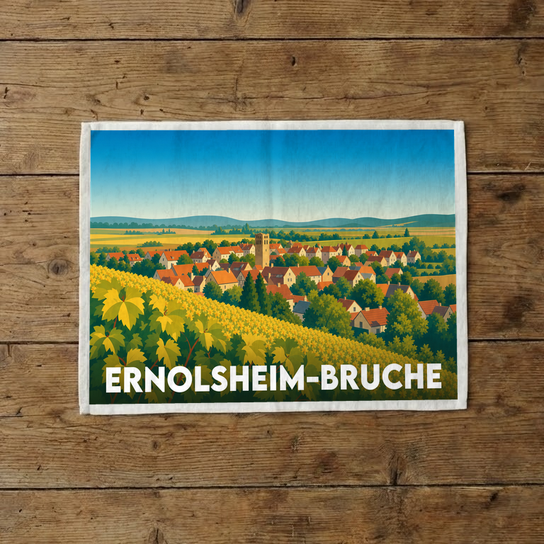 Torchon souvenir de la ville de Ernolsheim-Bruche avec une illustration stylisée de son paysage.