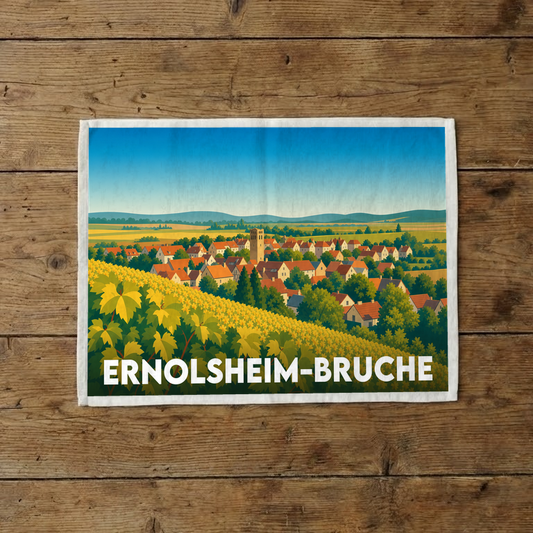 Torchon souvenir de la ville de Ernolsheim-Bruche avec une illustration stylisée de son paysage.