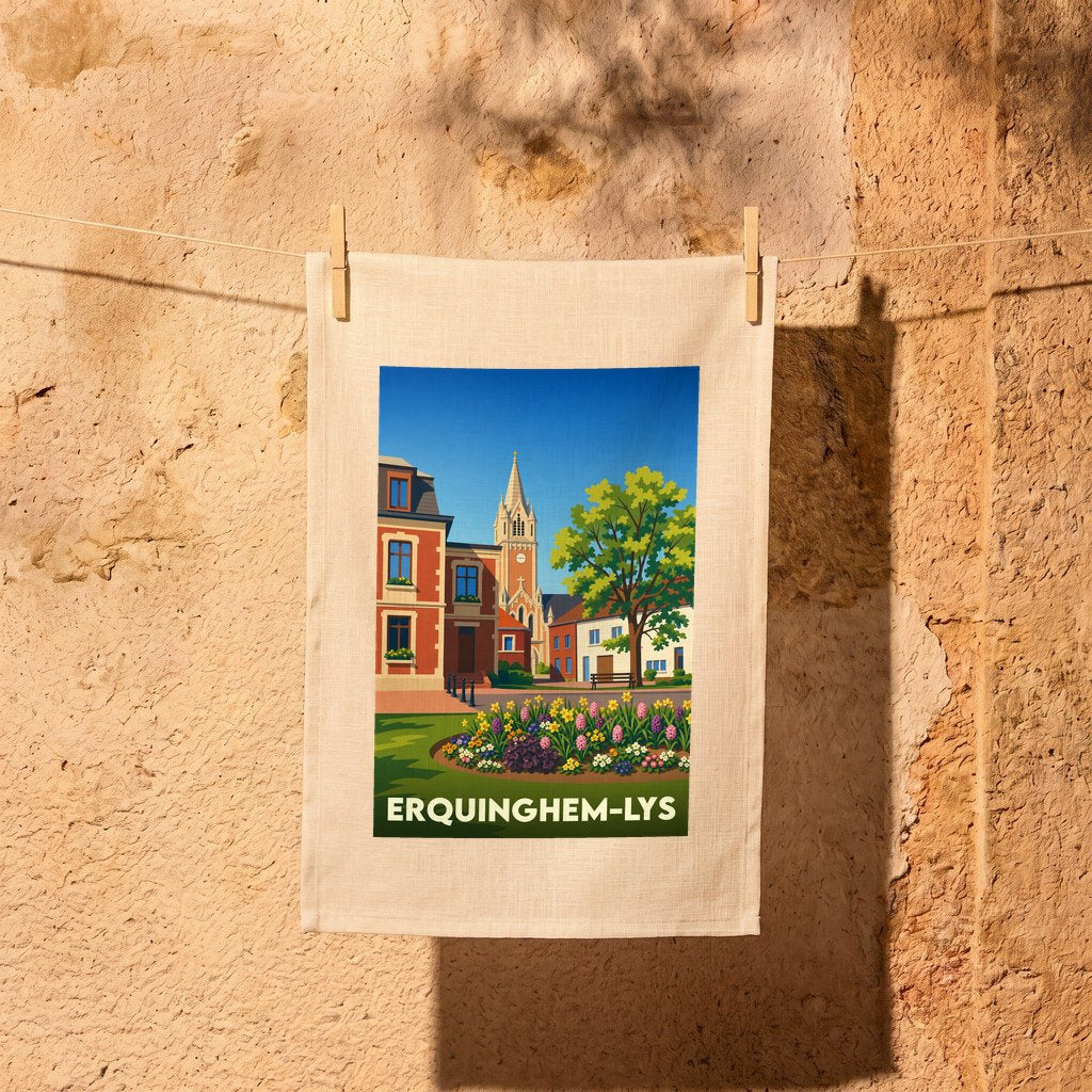 Torchon souvenir de la ville d’Erquinghem-Lys avec une illustration stylisée et colorée du centre-ville.